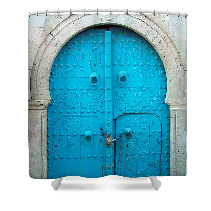 Door Shower Curtain featuring the photograph Chained Mini Door by Donna Corless