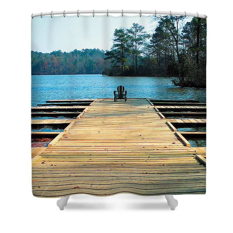 Dock Shower Curtain featuring the photograph Chair on Dock by Jan Marvin by Jan Marvin