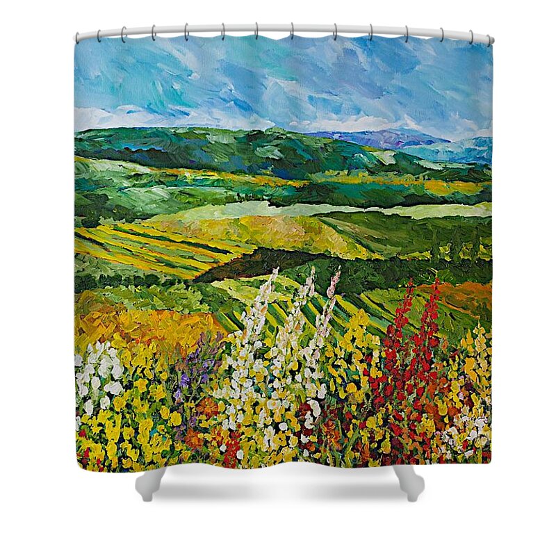 Landscape Shower Curtain featuring the painting Change is in the Air by Allan P Friedlander
