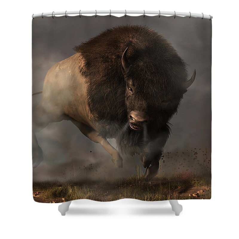 Thunderbeast Shower Curtain featuring the digital art Charging Bison by Daniel Eskridge