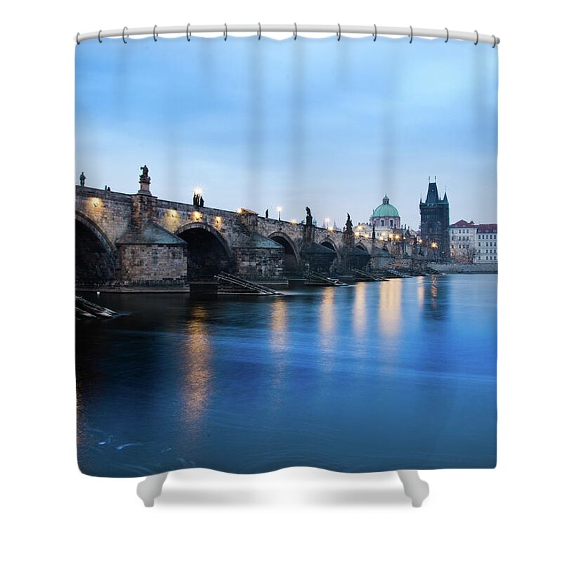 Tranquility Shower Curtain featuring the photograph Charles Bridge At Dawn by Ilan Shacham