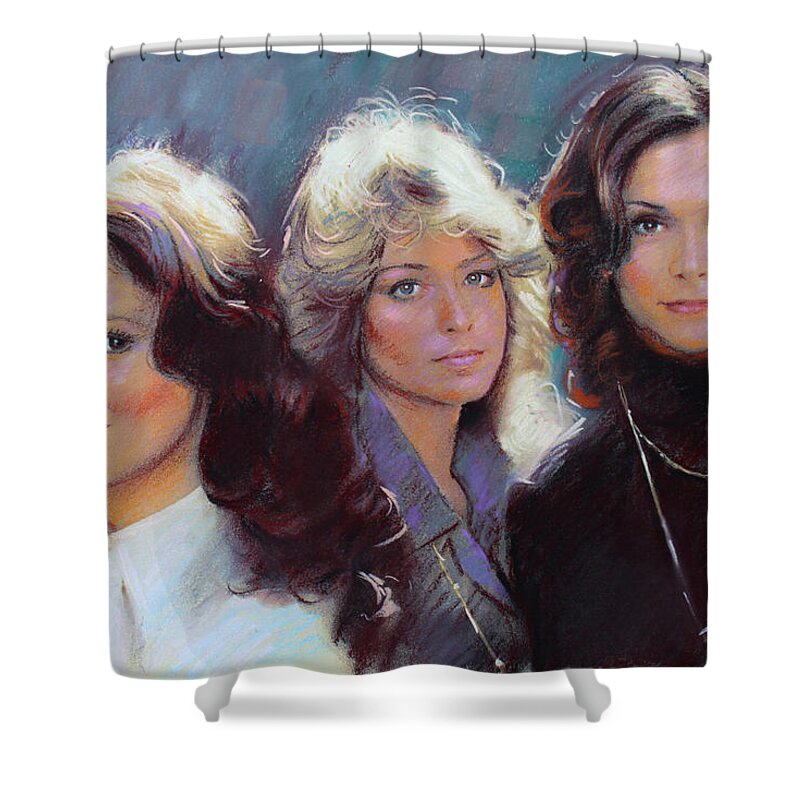Charli's Angels Shower Curtain featuring the drawing Charli's Angels Kate Jackson Farrah Fawcett Jaclyn Smith by Viola El