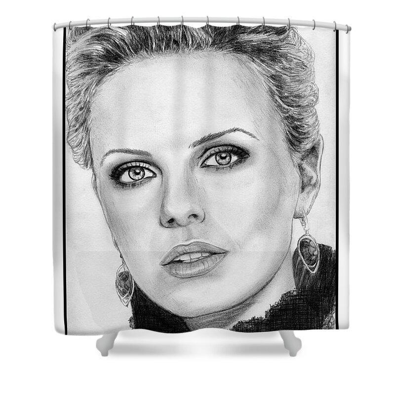 Charlize Theron Shower Curtain featuring the drawing Charlize Theron in 2008 by J McCombie