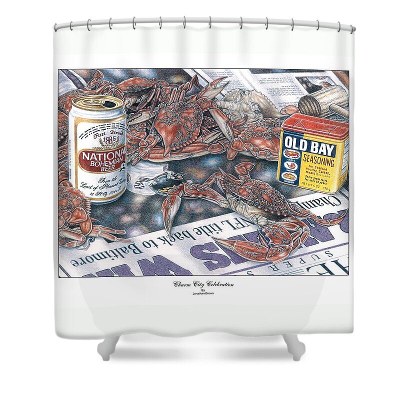National Bohemian Shower Curtain featuring the drawing Charm City Celebration by JWB Art Unlimited