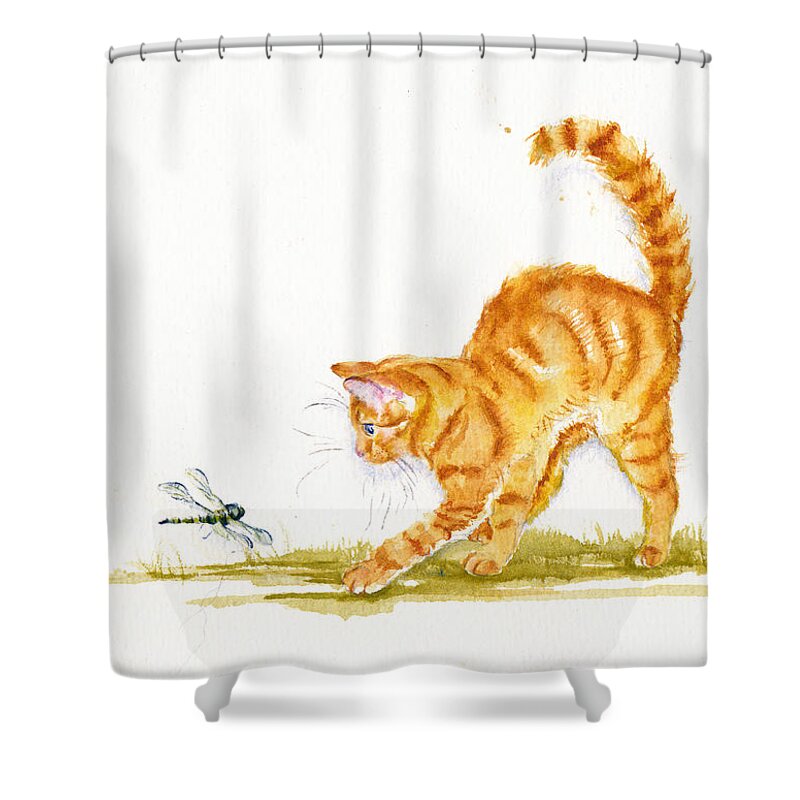Cat Shower Curtain featuring the painting Chasing the Dragon - Ginger Cat by Debra Hall
