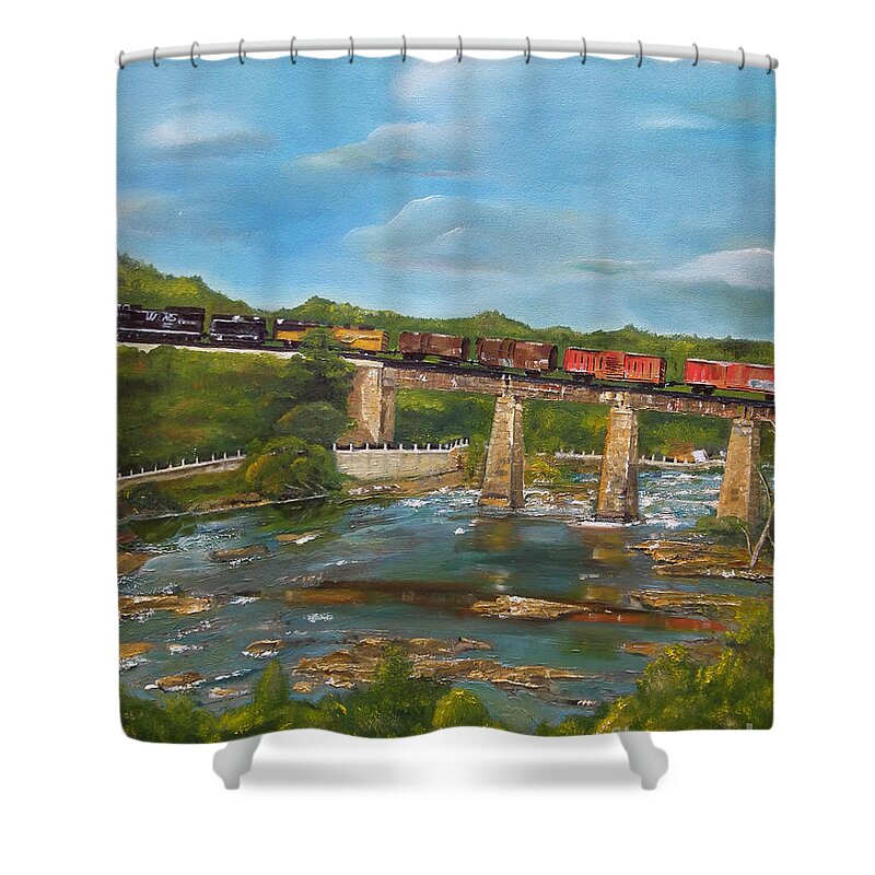 Trains Shower Curtain featuring the painting Chattahoochee Choo Choo - Train on Trestle - Columbus GA by Jan Dappen