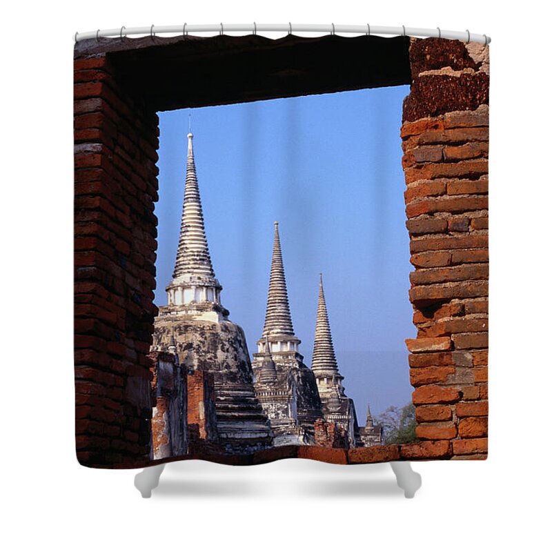 Southeast Asia Shower Curtain featuring the photograph Chedis Stupas Seen Through Brick by Anders Blomqvist