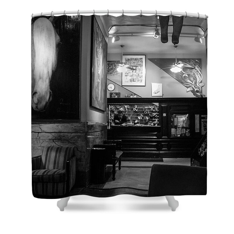 B&w Shower Curtain featuring the photograph Chelsea Hotel Night Clerk by Frank Winters