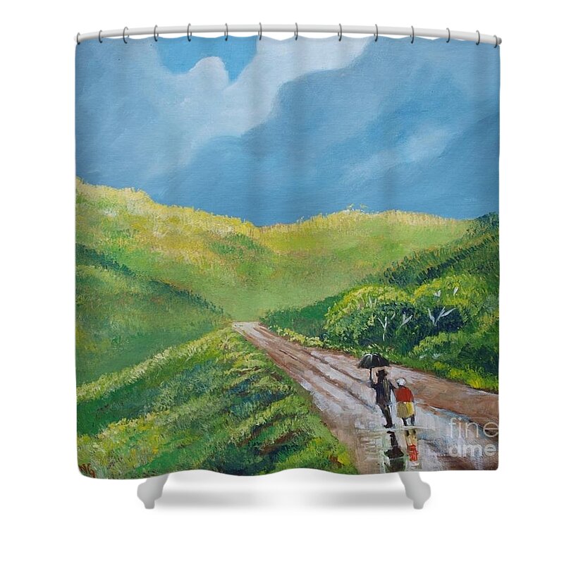 Road Shower Curtain featuring the painting Chemin sous une pluie tropicale by Jean Pierre Bergoeing