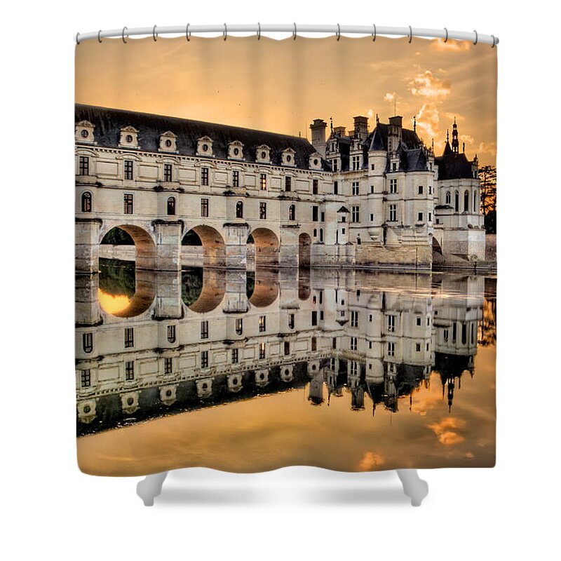 Chateau De Chenonceau Shower Curtain featuring the photograph Chenonceau Castle in the twilight panorama by Weston Westmoreland