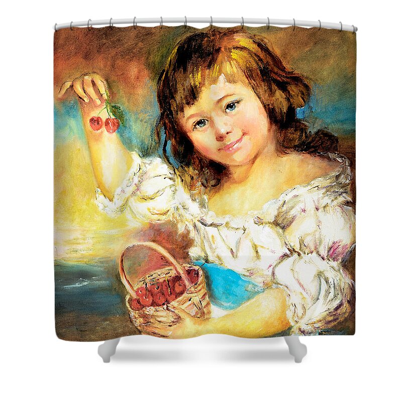 Girl Shower Curtain featuring the painting Cherry Basket girl by Sher Nasser