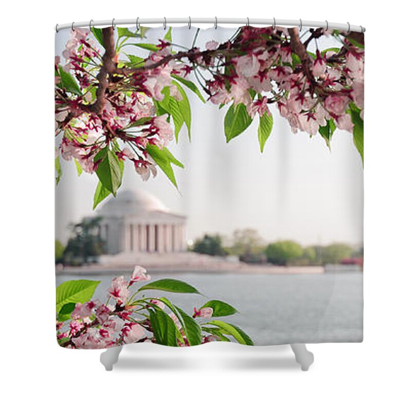 America Shower Curtain featuring the photograph Cherry Blossoms and the Jefferson Memorial Panorama by Mitchell R Grosky