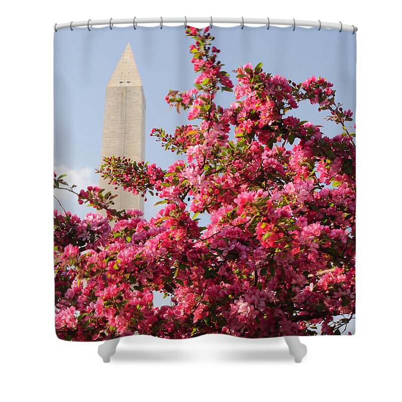 America Shower Curtain featuring the photograph Cherry Trees and Washington Monument 5 by Mitchell R Grosky