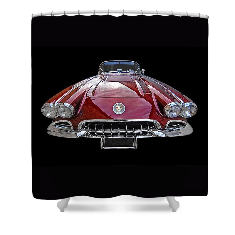 Classic Vette Shower Curtain featuring the photograph Chevrolet Corvette C1 1958 Head On by Gill Billington
