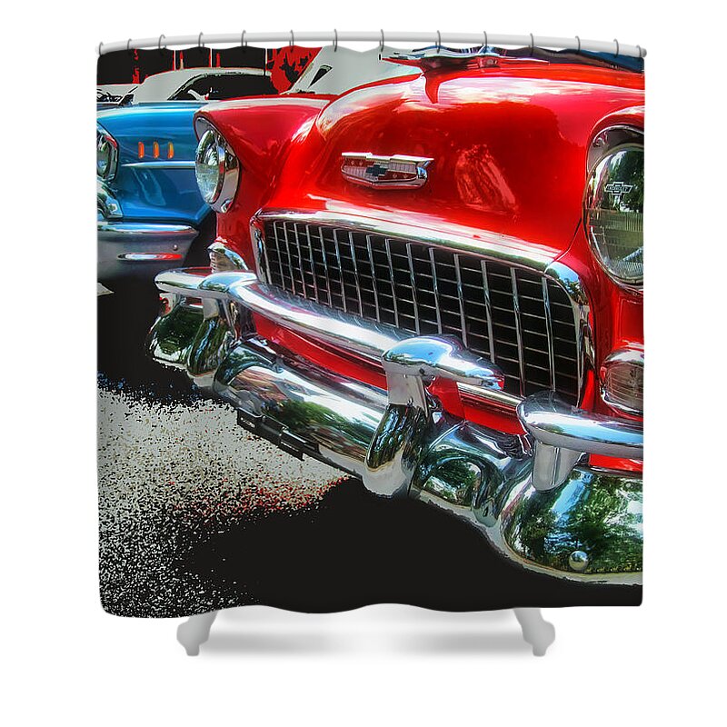 1955 Shower Curtain featuring the photograph Chevy Grills by Vic Montgomery