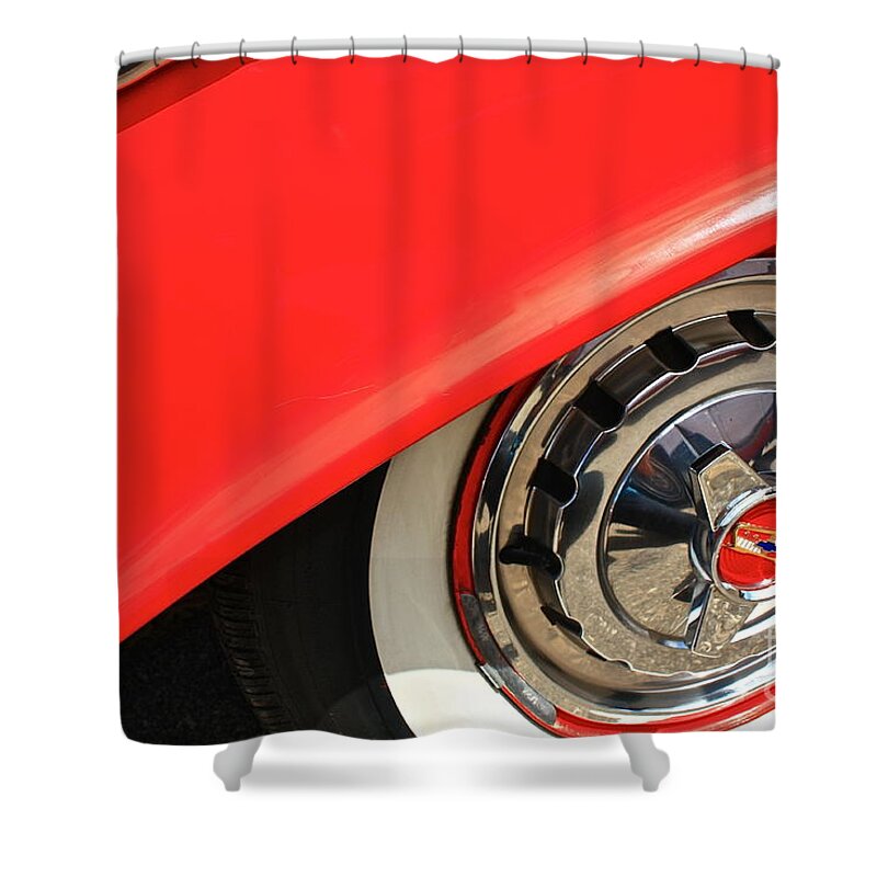 Chev Shower Curtain featuring the photograph 1955 Chevy Rim by Linda Bianic