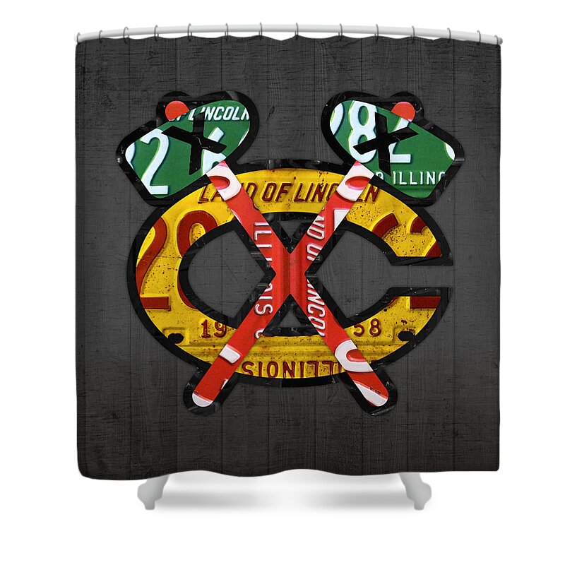 Chicago Shower Curtain featuring the mixed media Chicago Blackhawks Hockey Team Retro Logo Vintage Recycled Illinois License Plate Art by Design Turnpike