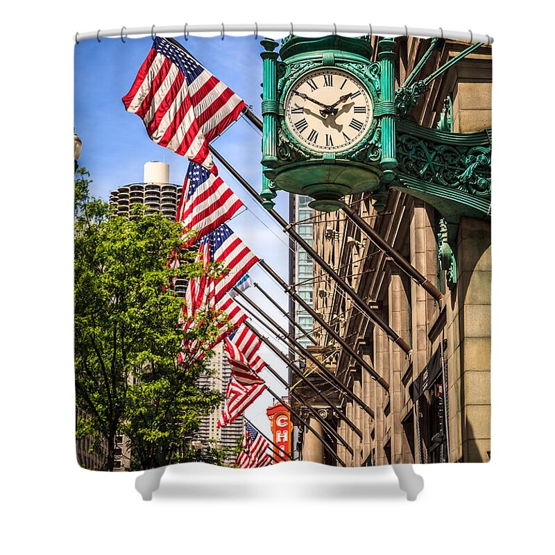 America Shower Curtain featuring the photograph Chicago Macy's Clock and Chicago Theatre Sign by Paul Velgos