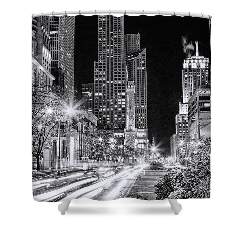 Chicago Shower Curtain featuring the painting Chicago Michigan Avenue Light Streak Black and White by Christopher Arndt