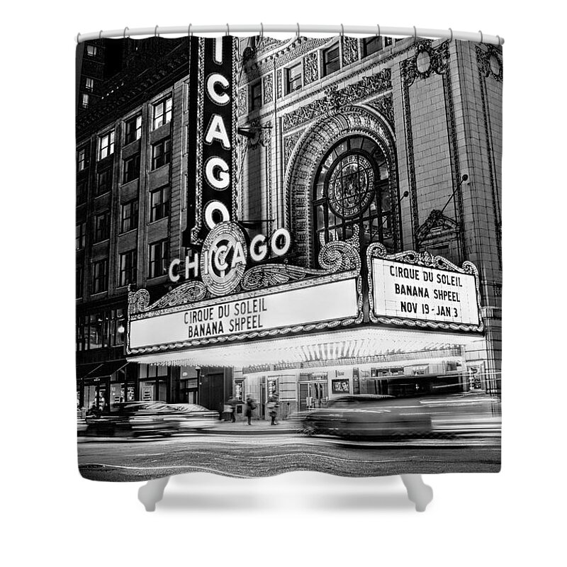 Chicago Shower Curtain featuring the photograph Chicago Theatre Marquee Sign at Night Black and White by Christopher Arndt