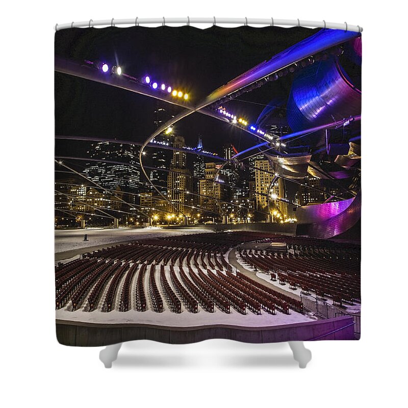 Chicago Shower Curtain featuring the photograph Chicago's Pritzker Pavillion with colored lights by Sven Brogren