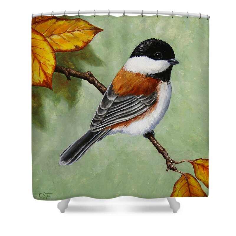 Bird Shower Curtain featuring the painting Chickadee - Autumn Charm by Crista Forest