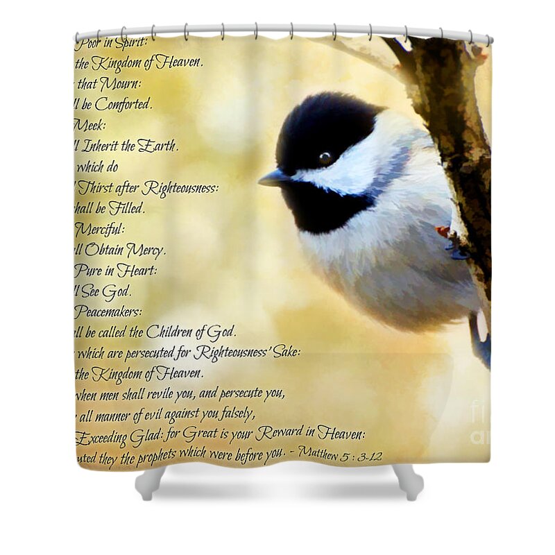Chickadee Shower Curtain featuring the photograph Chickadee with Digital Paint and verses by Debbie Portwood