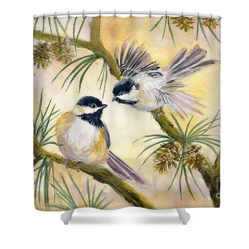 Chickadee Shower Curtain featuring the painting Chickadees by Melly Terpening
