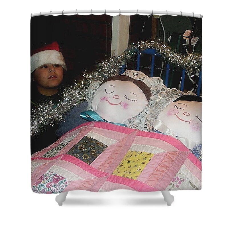 Child In Santa Hat With Dolls In Bed Xmas Parade Eloy Arizona 2001 Shower Curtain featuring the photograph Child in Santa hat with dolls in bed Xmas parade Eloy Arizona 2001 by David Lee Guss