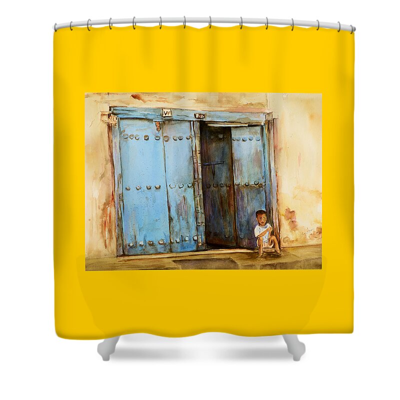 Doorway Shower Curtain featuring the painting Child sitting in old Zanzibar doorway by Sher Nasser