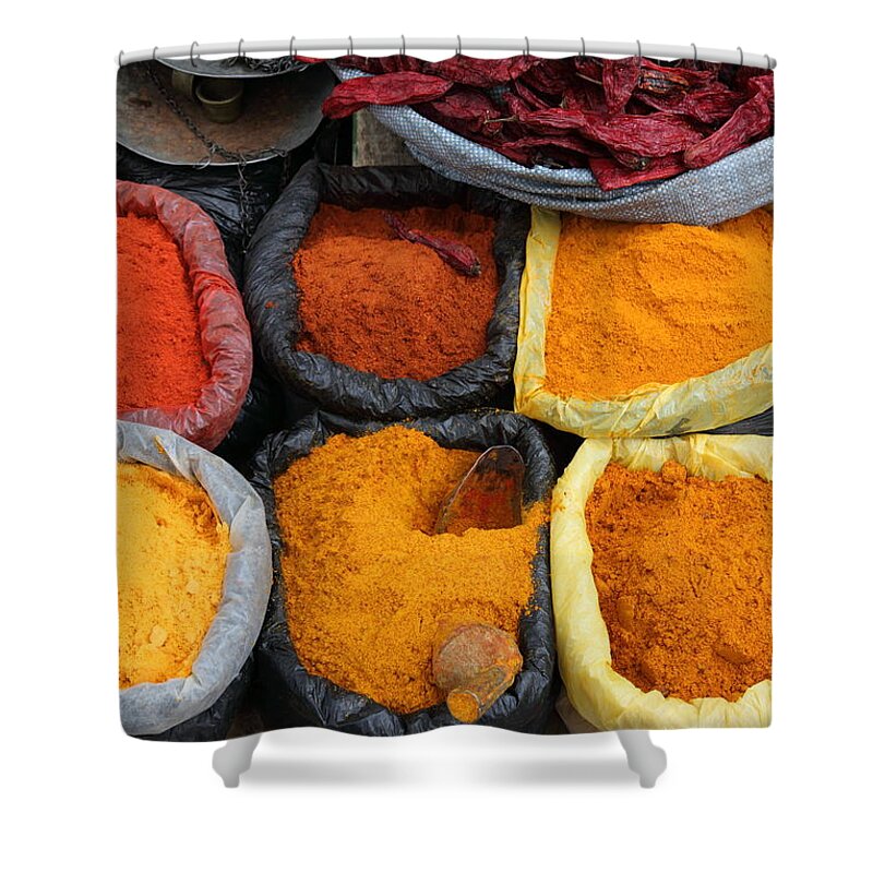 Food And Beverage Shower Curtain featuring the photograph Chilli powders 3 by James Brunker