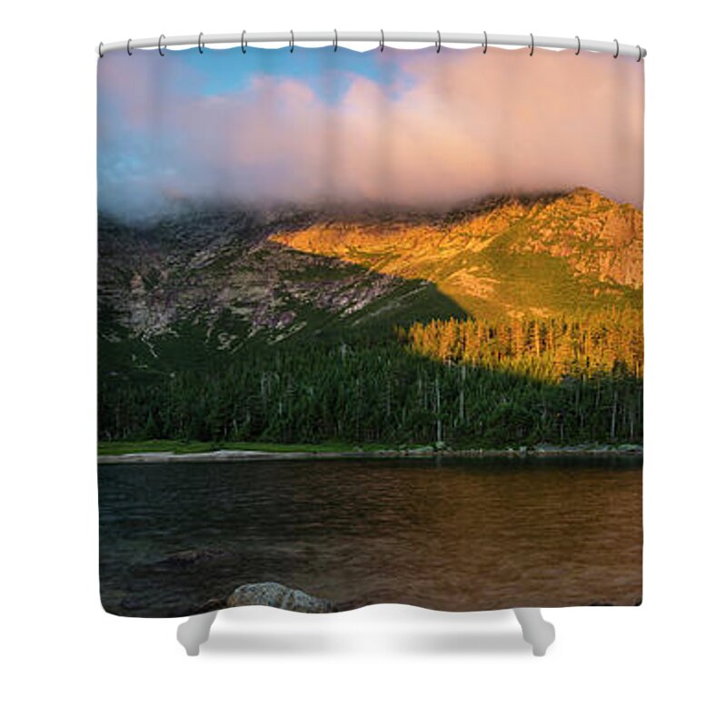 Appalachians Mountains Shower Curtain featuring the photograph Chimney Pond And Mount Katahdin by Jerry Monkman