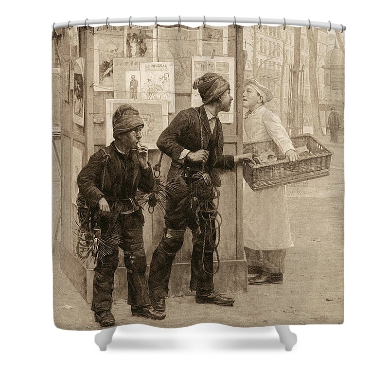 1896 Shower Curtain featuring the painting Chimney-sweeps, 1896 by Granger