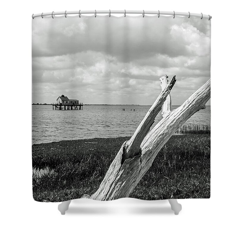 Assateague Shower Curtain featuring the photograph Chincoteague Oystershack BW Vertical by Photographic Arts And Design Studio