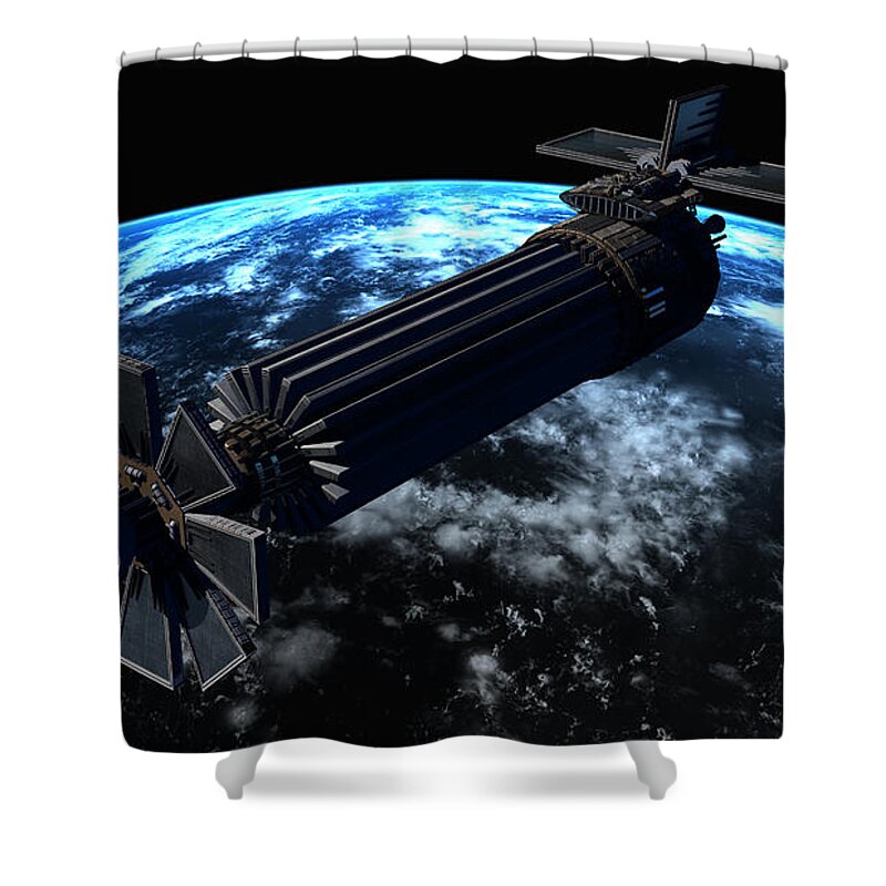 Satellite Shower Curtain featuring the digital art Chinese Orbital Weapons Platform by Rhys Taylor