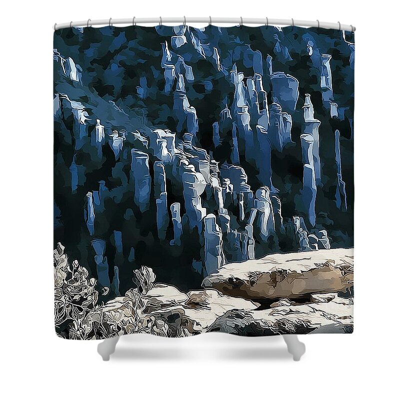 Digital Pen And Ink Drawing Shower Curtain featuring the digital art Chiricahua Pinnacles D by Tim Richards