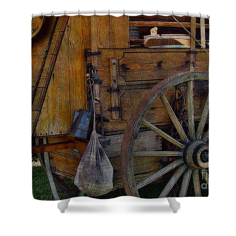 Old Shower Curtain featuring the photograph Chow Wagon Wheel by Janice Pariza