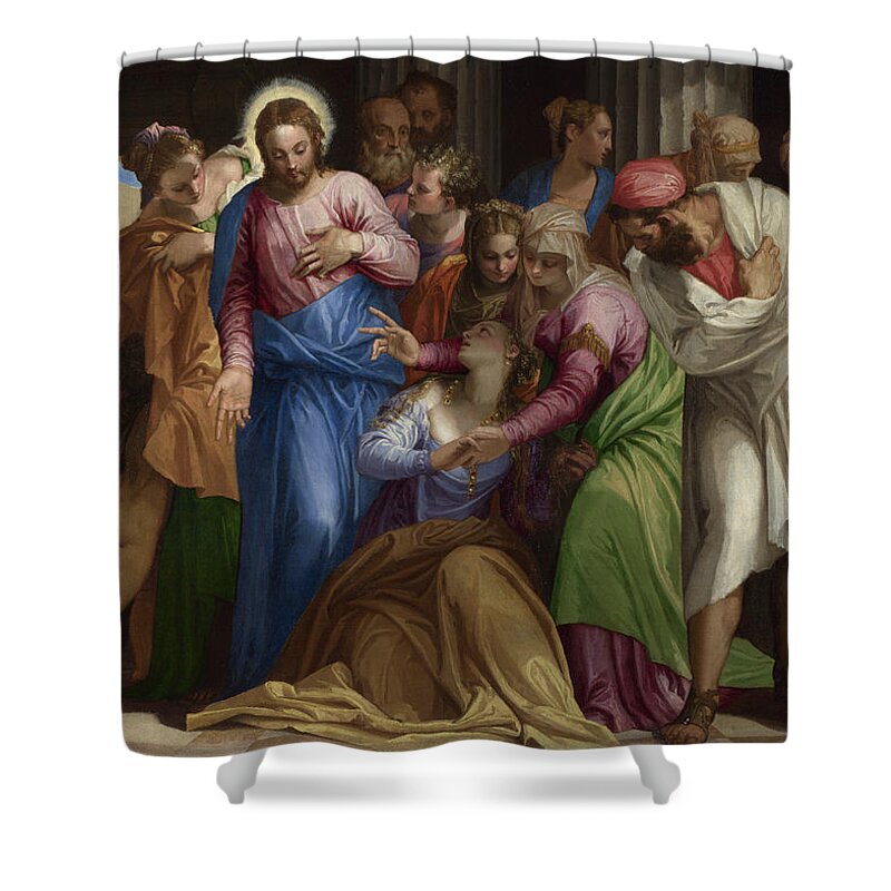 Paolo Veronese Shower Curtain featuring the painting Christ addressing a Kneeling Woman by Paolo Veronese