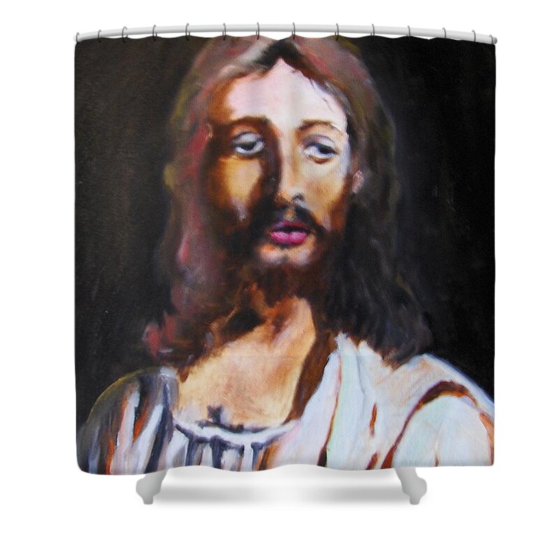 Art Shower Curtain featuring the painting Christ by Ryszard Ludynia