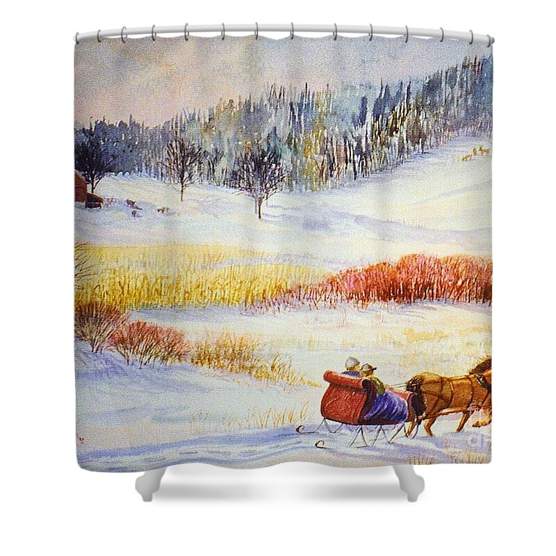 Horse And Sleigh Shower Curtain featuring the painting Christine's Ride by Marilyn Smith