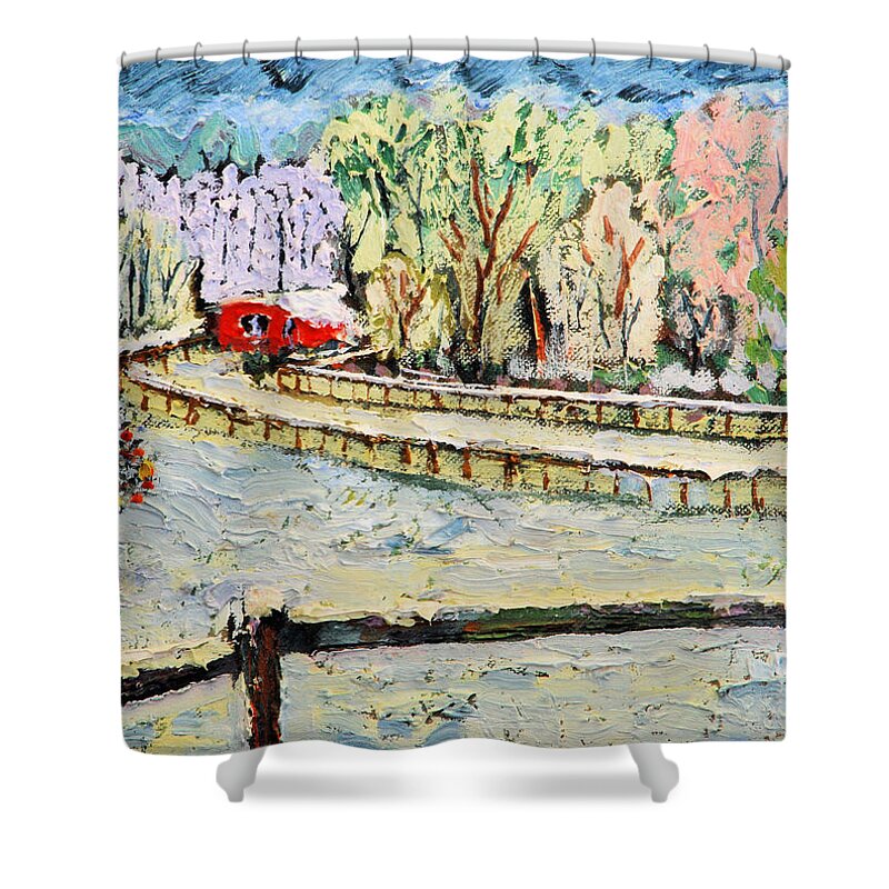 Christmas Shower Curtain featuring the painting Christmas at Cissy's Farm by Michael Daniels