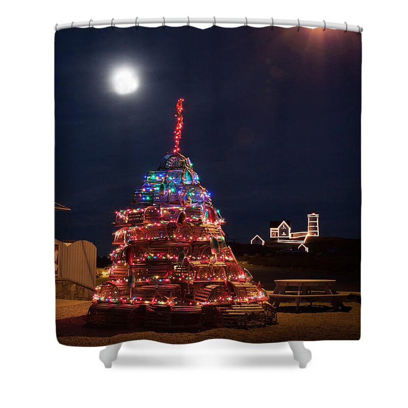 Lighthouse Photos Shower Curtain featuring the photograph Christmas at Maines Nubble Lighthouse by Jeff Folger