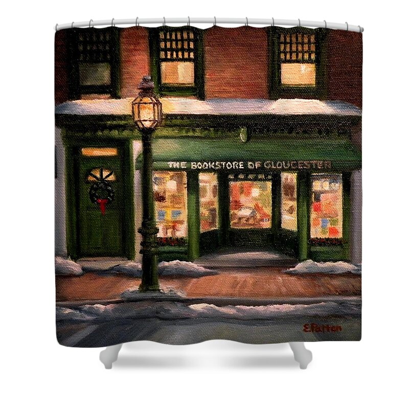 Gloucester Shower Curtain featuring the painting Christmas At The Bookstore of Gloucester by Eileen Patten Oliver