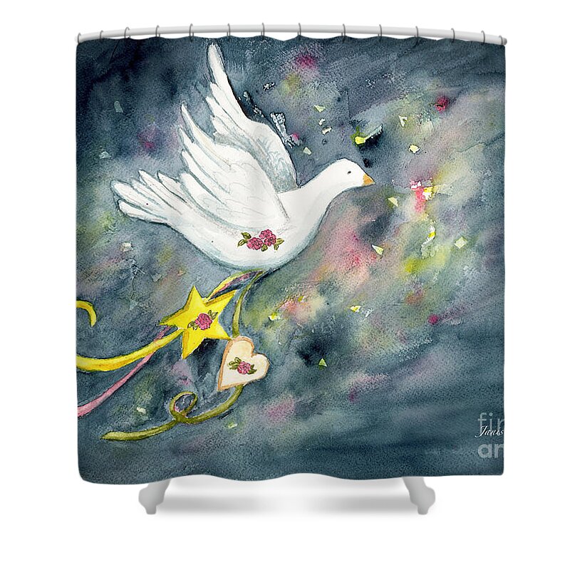 Christmas Shower Curtain featuring the painting Christmas Dove In Flight by Janis Lee Colon