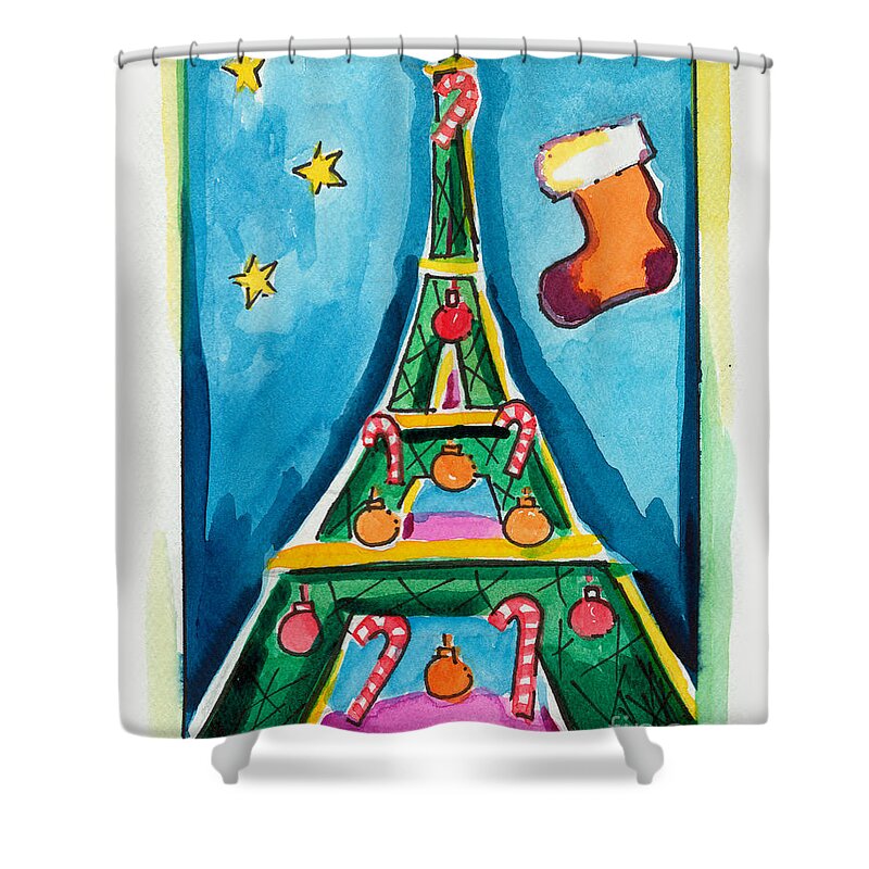 Christmas Shower Curtain featuring the painting Christmas Eiffel Tower Painting by Robyn Saunders