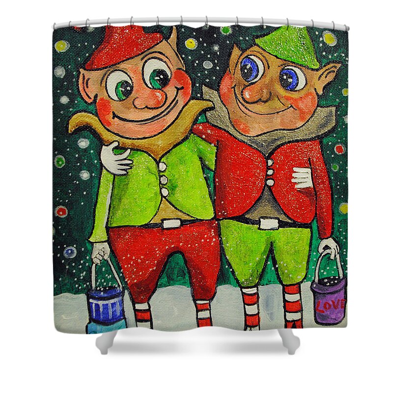 Christmas Shower Curtain featuring the painting Christmas Elves by Patricia Arroyo