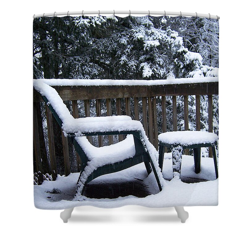 Snow Shower Curtain featuring the photograph Christmas Eve Deck Chair by Blythe Ayne