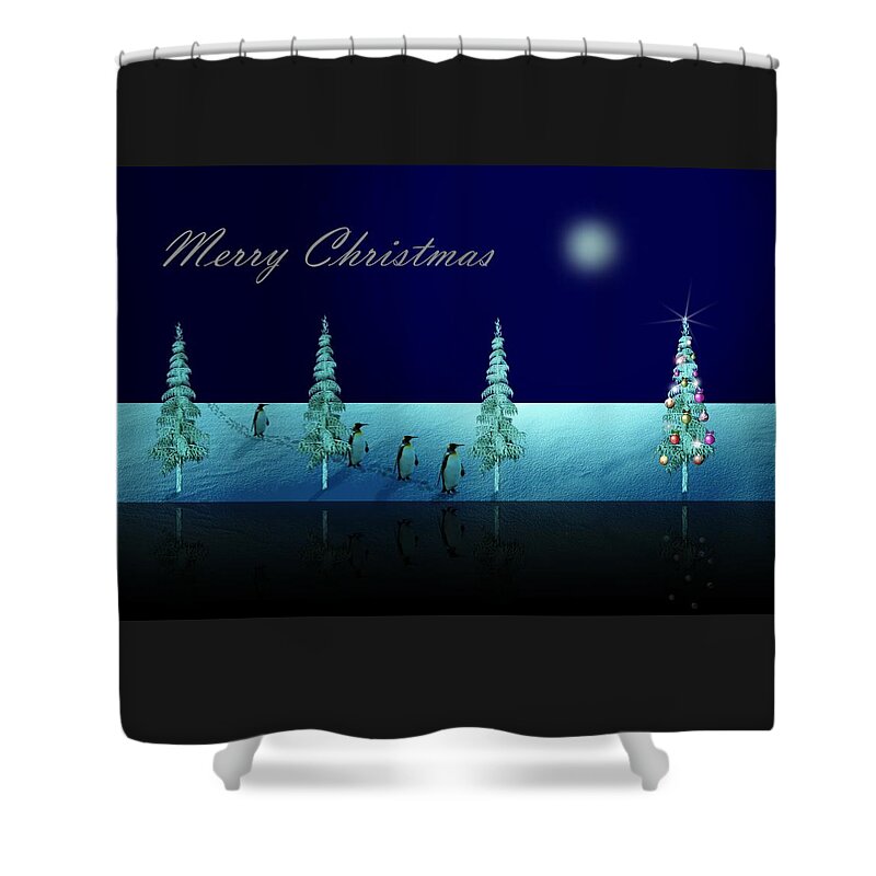 Penguin Shower Curtain featuring the digital art Christmas Eve Walk of the Penguins by David Dehner