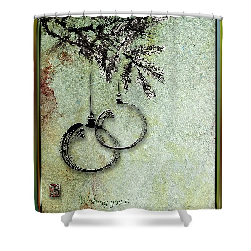 Christmas Greeting Card Shower Curtain featuring the painting Christmas greeting card with ink brush drawing by Peter V Quenter