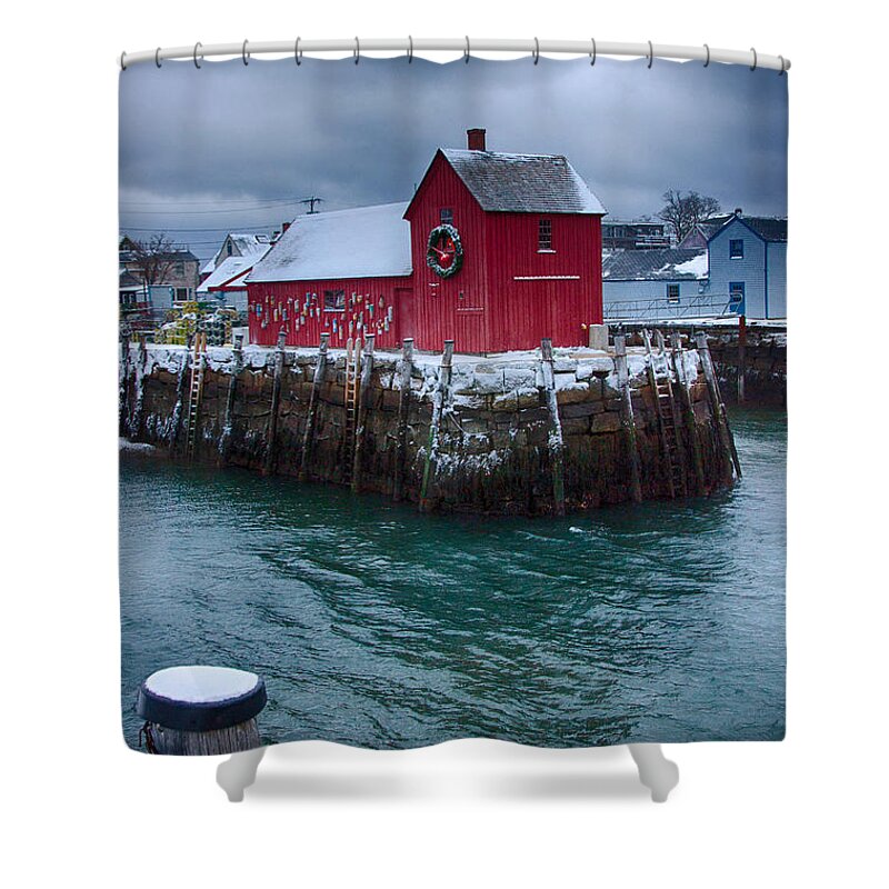 Rockport Harbor Shower Curtain featuring the photograph Christmas in Rockport Massachusetts by Jeff Folger